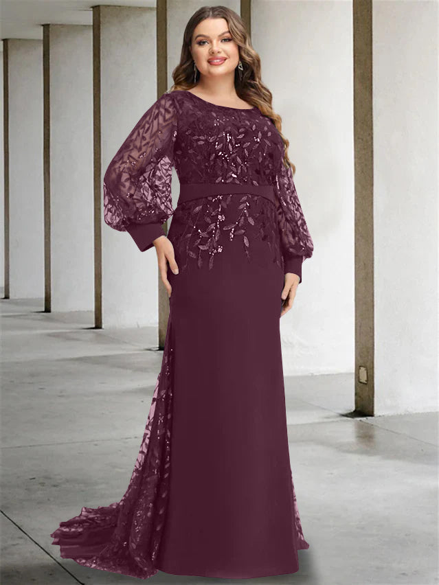 Plus Size Floor-Length Mermaid/Trumpet Mother of the Bride Dress with Scoop Neck and Long Sequined Sleeves