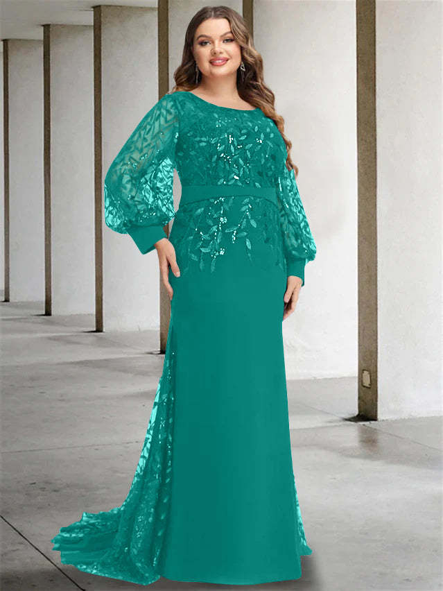 Plus Size Floor-Length Mermaid/Trumpet Mother of the Bride Dress with Scoop Neck and Long Sequined Sleeves
