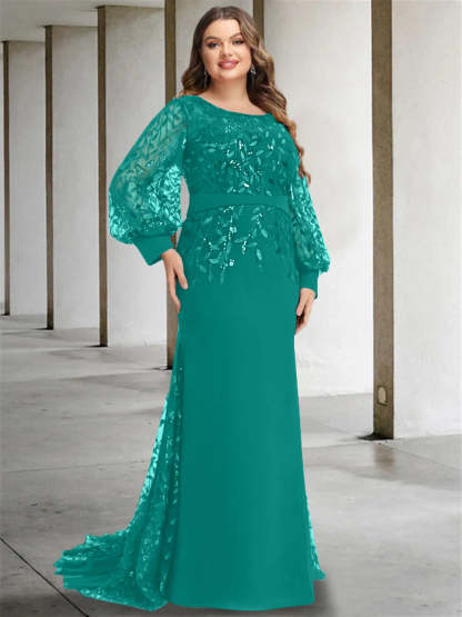 Plus Size Floor-Length Mermaid/Trumpet Mother of the Bride Dress with Scoop Neck and Long Sequined Sleeves