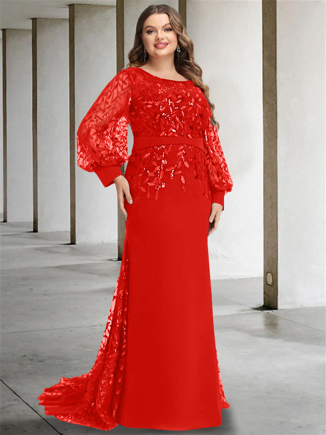 Plus Size Floor-Length Mermaid/Trumpet Mother of the Bride Dress with Scoop Neck and Long Sequined Sleeves