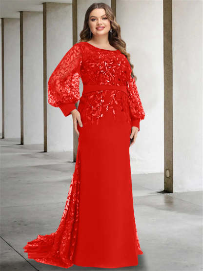 Plus Size Floor-Length Mermaid/Trumpet Mother of the Bride Dress with Scoop Neck and Long Sequined Sleeves