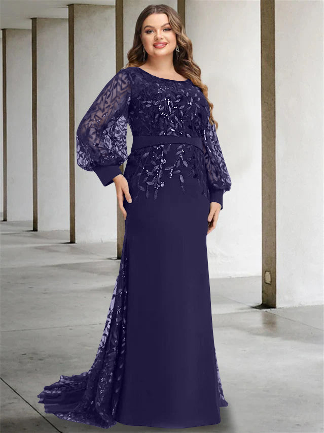 Plus Size Floor-Length Mermaid/Trumpet Mother of the Bride Dress with Scoop Neck and Long Sequined Sleeves
