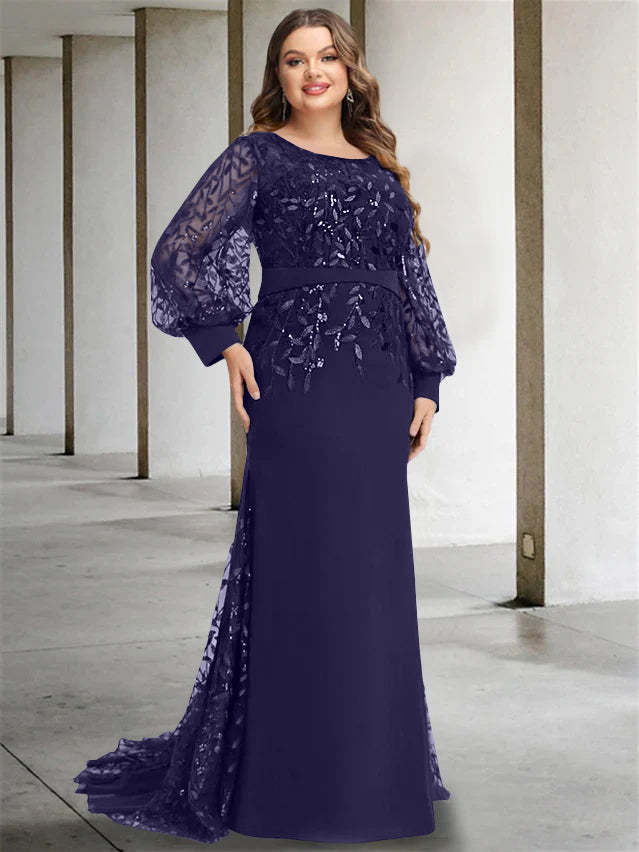 Plus Size Floor-Length Mermaid/Trumpet Mother of the Bride Dress with Scoop Neck and Long Sequined Sleeves