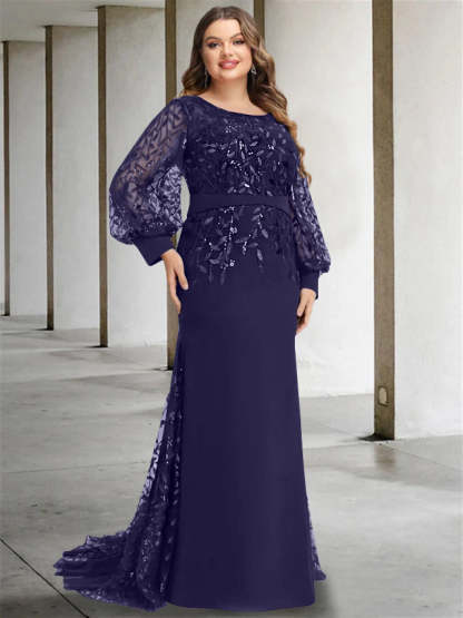 Plus Size Floor-Length Mermaid/Trumpet Mother of the Bride Dress with Scoop Neck and Long Sequined Sleeves