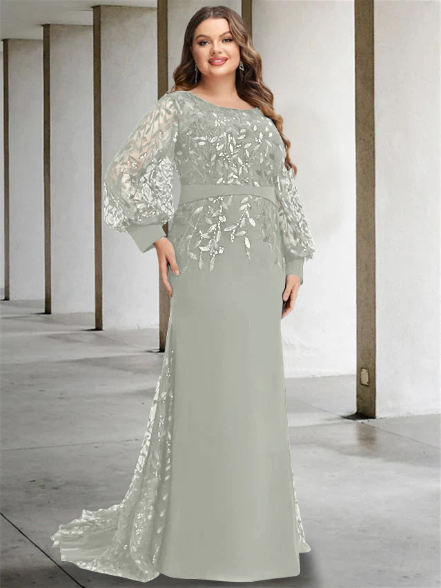Plus Size Floor-Length Mermaid/Trumpet Mother of the Bride Dress with Scoop Neck and Long Sequined Sleeves