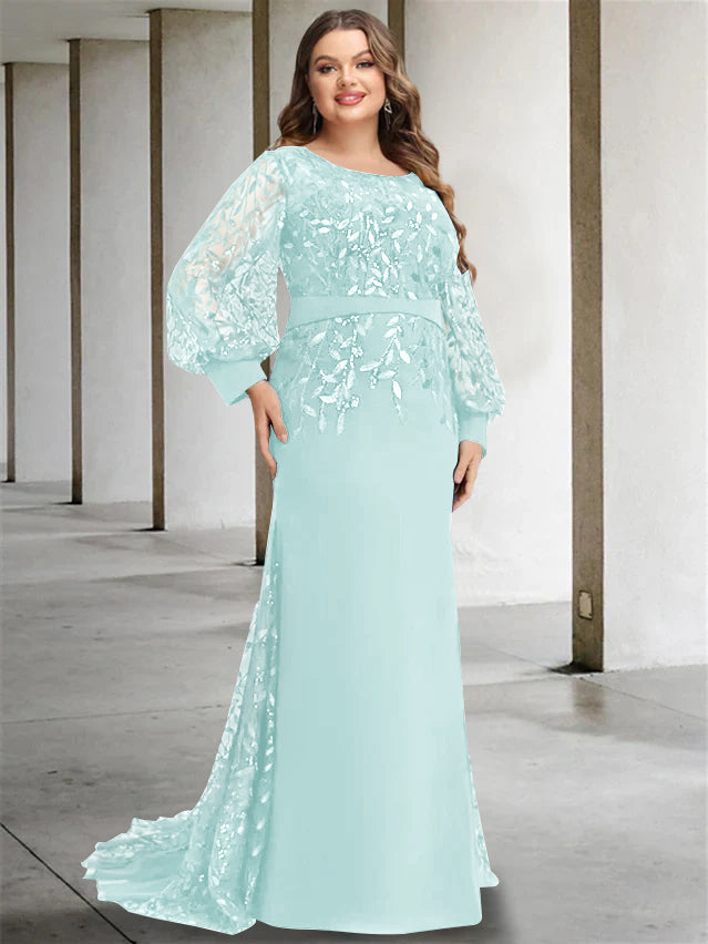 Plus Size Floor-Length Mermaid/Trumpet Mother of the Bride Dress with Scoop Neck and Long Sequined Sleeves