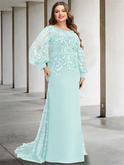Plus Size Floor-Length Mermaid/Trumpet Mother of the Bride Dress with Scoop Neck and Long Sequined Sleeves