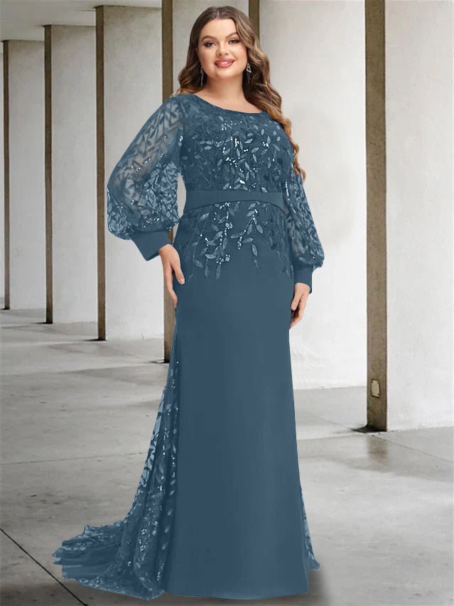 Plus Size Floor-Length Mermaid/Trumpet Mother of the Bride Dress with Scoop Neck and Long Sequined Sleeves