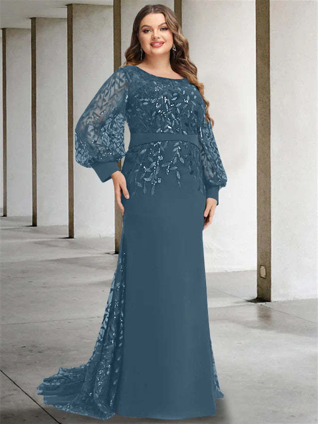 Plus Size Floor-Length Mermaid/Trumpet Mother of the Bride Dress with Scoop Neck and Long Sequined Sleeves