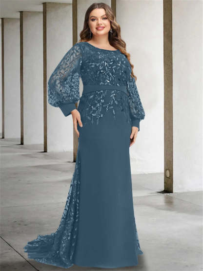 Plus Size Floor-Length Mermaid/Trumpet Mother of the Bride Dress with Scoop Neck and Long Sequined Sleeves