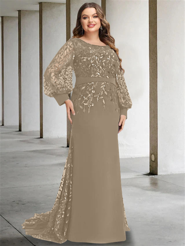 Plus Size Floor-Length Mermaid/Trumpet Mother of the Bride Dress with Scoop Neck and Long Sequined Sleeves