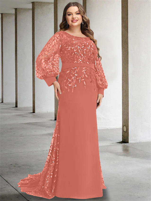 Plus Size Floor-Length Mermaid/Trumpet Mother of the Bride Dress with Scoop Neck and Long Sequined Sleeves