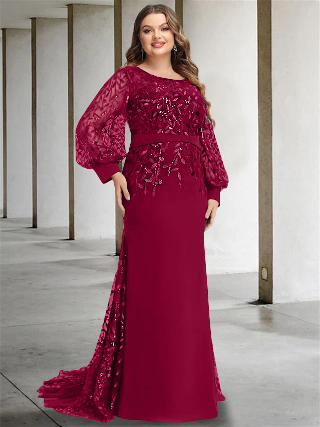 Plus Size Floor-Length Mermaid/Trumpet Mother of the Bride Dress with Scoop Neck and Long Sequined Sleeves
