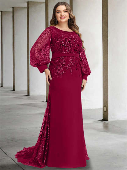 Plus Size Floor-Length Mermaid/Trumpet Mother of the Bride Dress with Scoop Neck and Long Sequined Sleeves
