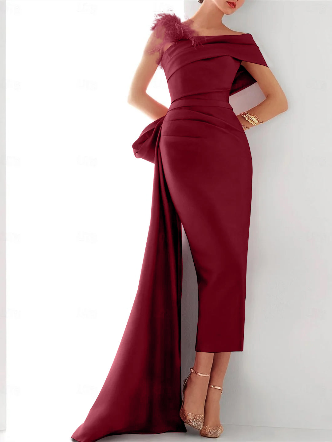 Elegant Satin Formal Gown with Feather Bow(s) - One Shoulder Sleeveless Sheath/Column and Sweep/Brush Train