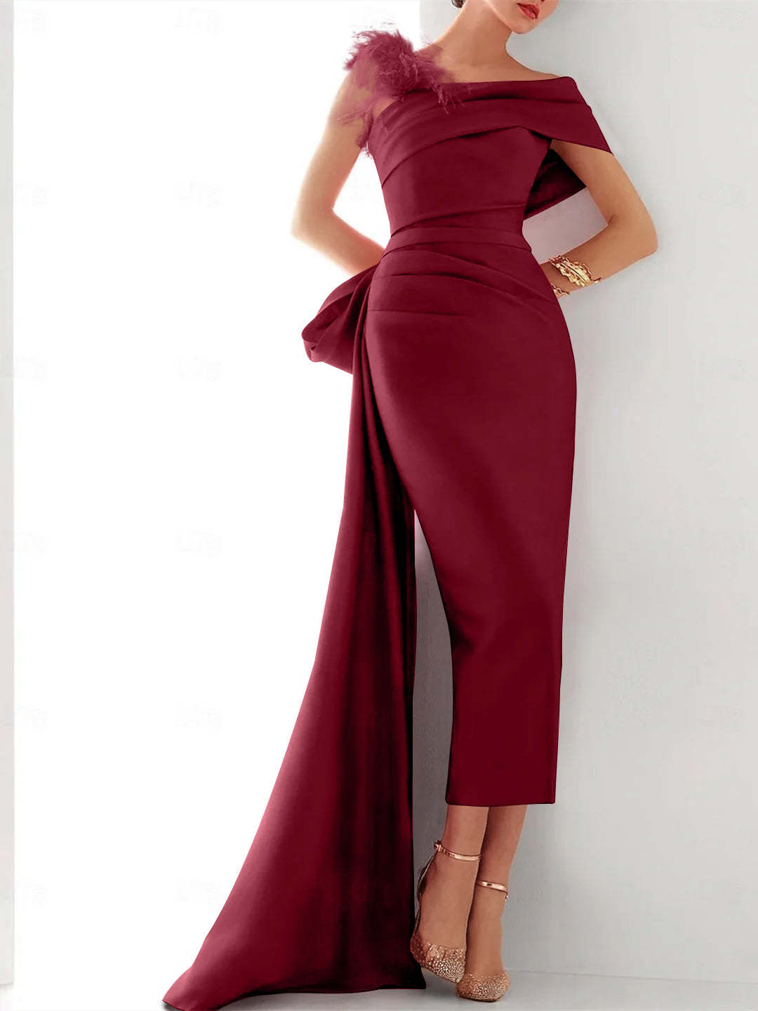 Elegant Satin Formal Gown with Feather Bow(s) - One Shoulder Sleeveless Sheath/Column and Sweep/Brush Train