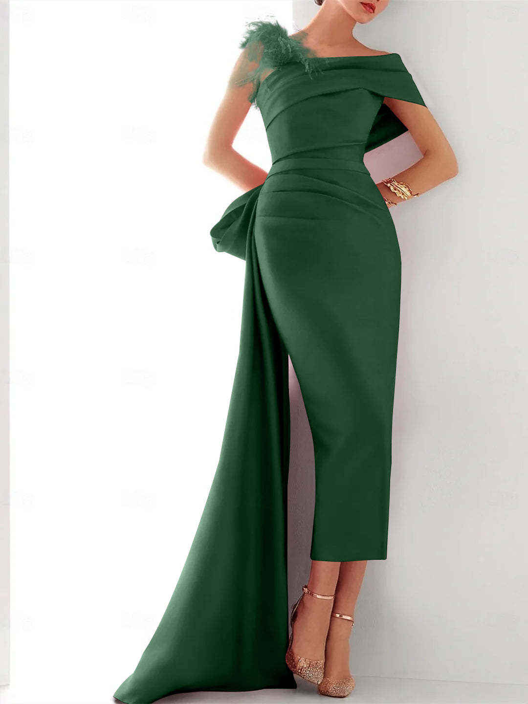 Elegant Satin Formal Gown with Feather Bow(s) - One Shoulder Sleeveless Sheath/Column and Sweep/Brush Train