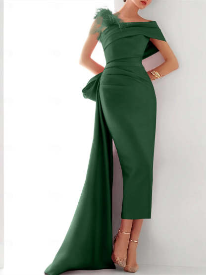 Elegant Satin Formal Gown with Feather Bow(s) - One Shoulder Sleeveless Sheath/Column and Sweep/Brush Train