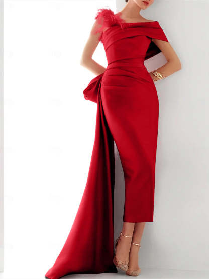 Elegant Satin Formal Gown with Feather Bow(s) - One Shoulder Sleeveless Sheath/Column and Sweep/Brush Train