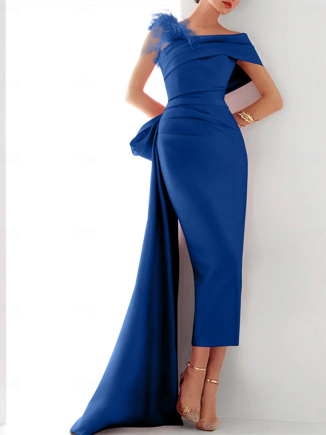 Elegant Satin Formal Gown with Feather Bow(s) - One Shoulder Sleeveless Sheath/Column and Sweep/Brush Train