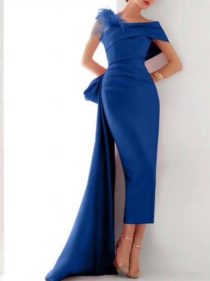 Elegant Satin Formal Gown with Feather Bow(s) - One Shoulder Sleeveless Sheath/Column and Sweep/Brush Train