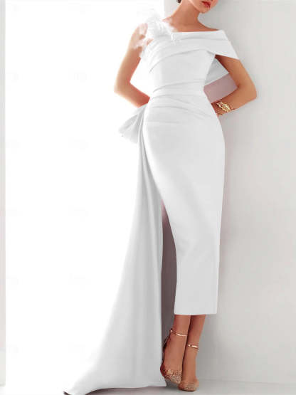 Elegant Satin Formal Gown with Feather Bow(s) - One Shoulder Sleeveless Sheath/Column and Sweep/Brush Train