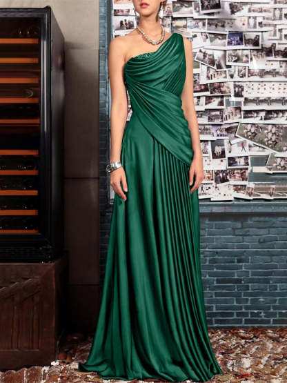 One Shoulder Sleeveless Floor Length Mother of the Bride Dress with Crystal Pleats and Draping