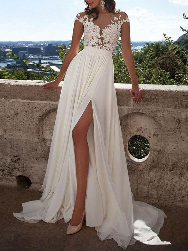Lace Appliques Beach Wedding Dress Slit