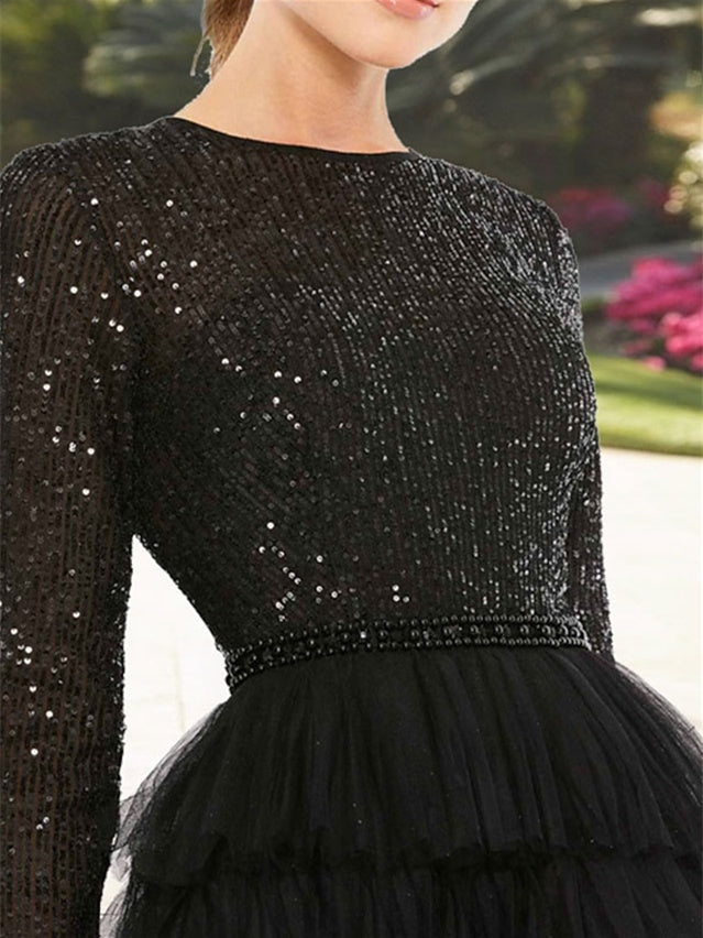 Sequin-Tiered Tea-Length A-Line Dress with Jewel Neckline and Long Sleeves for the Mother of the Bride