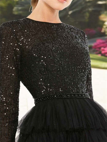 Sequin-Tiered Tea-Length A-Line Dress with Jewel Neckline and Long Sleeves for the Mother of the Bride