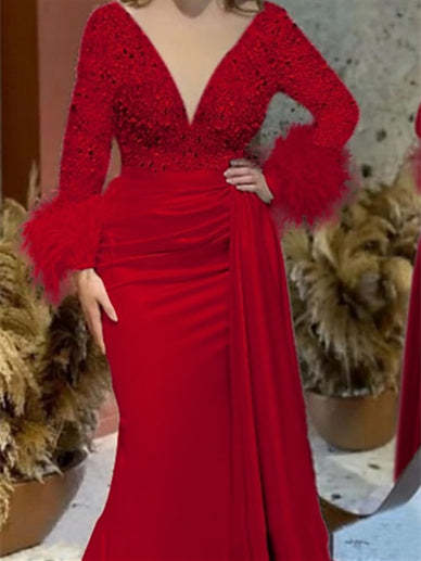 Trumpet/Mermaid V-Neck Satin Mother of the Bride Gown with Feather Glitter and Ruched Long Sleeves