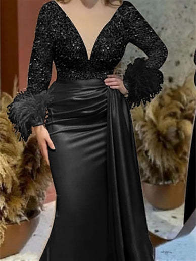 Trumpet/Mermaid V-Neck Satin Mother of the Bride Gown with Feather Glitter and Ruched Long Sleeves