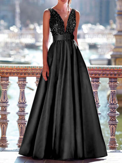 Sleeveless V-Neck A-Line Prom Dress with Pockets in Floor-Length Satin and Pearls