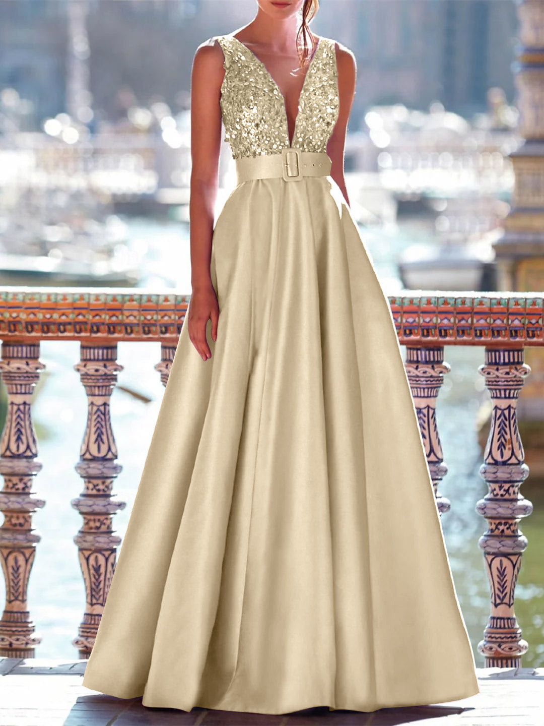 Sleeveless V-Neck A-Line Prom Dress with Pockets in Floor-Length Satin and Pearls