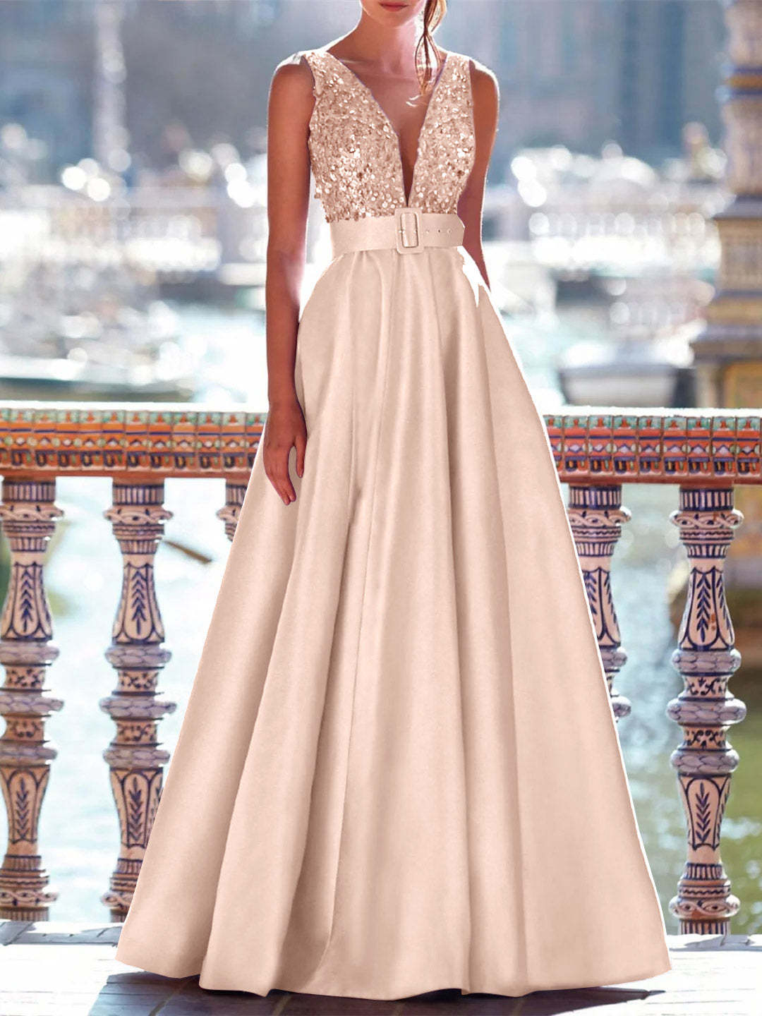Sleeveless V-Neck A-Line Prom Dress with Pockets in Floor-Length Satin and Pearls