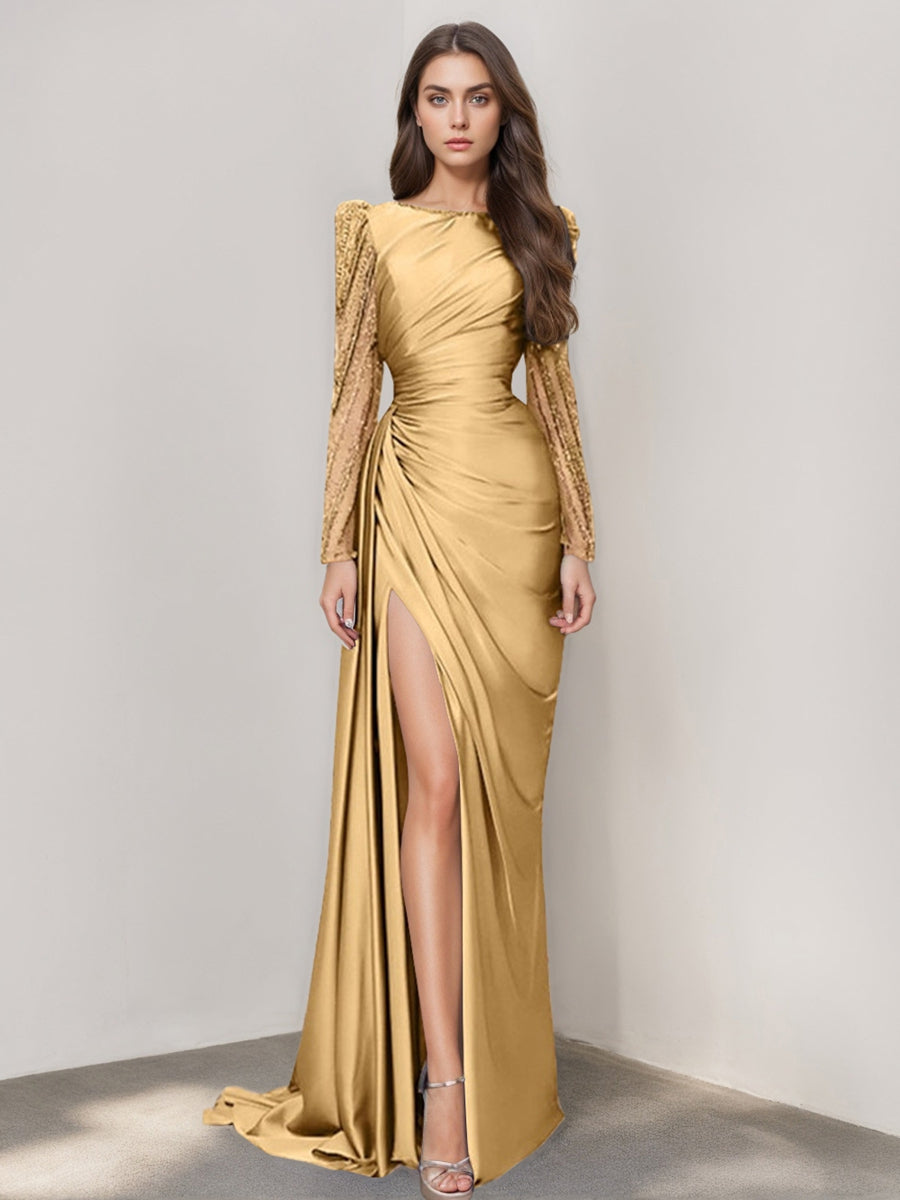 Long Sleeve Satin Prom Dress with Mermaid Train Jewel Neck and Ruched Slit