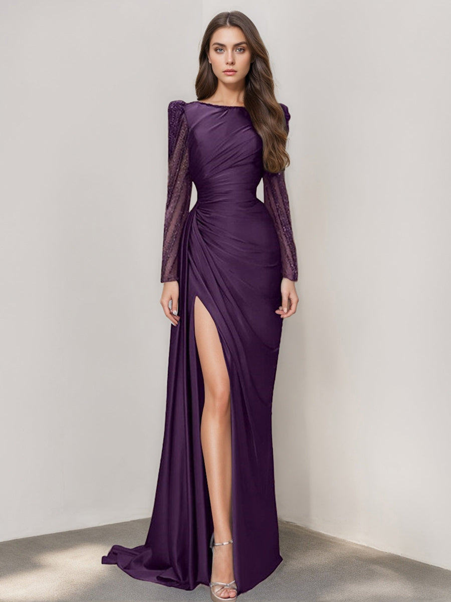 Long Sleeve Satin Prom Dress with Mermaid Train Jewel Neck and Ruched Slit
