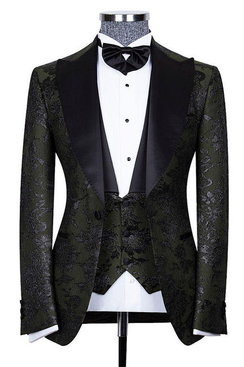 Nathanael Handsome Black Jacquard Peaked Lapel Three-Piece Wedding Groom Suits