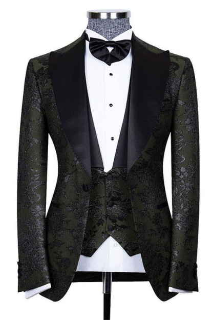 Nathanael Handsome Black Jacquard Peaked Lapel Three-Piece Wedding Groom Suits