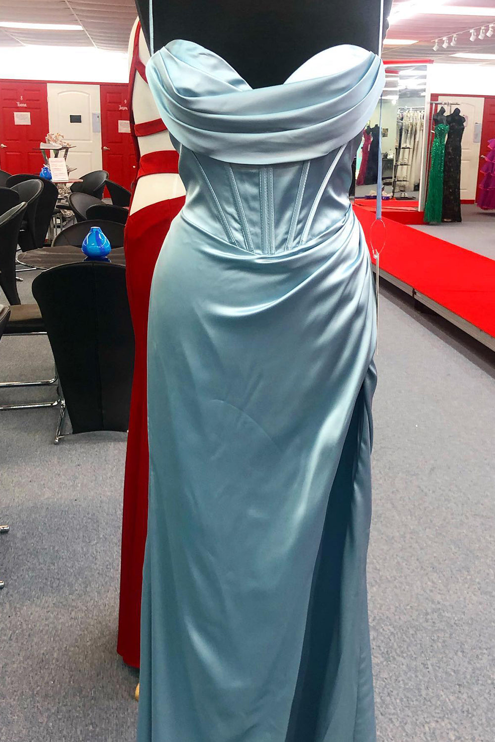 Satin Mermaid Prom Dress in Hot Pink with Spaghetti Straps and Slit