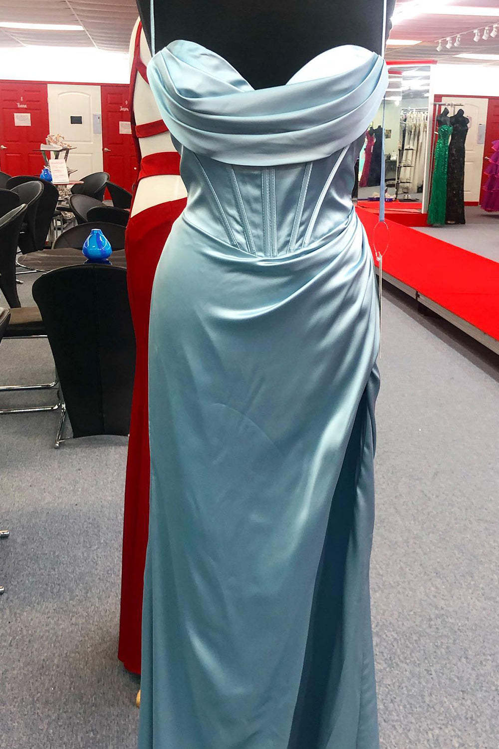 Satin Mermaid Prom Dress in Hot Pink with Spaghetti Straps and Slit