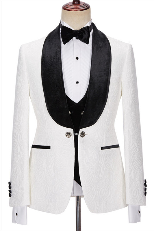 New Arrival White Jacquard Three-Piece with Velvet Lapel Wedding Men's Suits