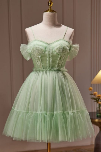 Sage Spaghetti-Straps Mesh Short Mini cocktail Dress