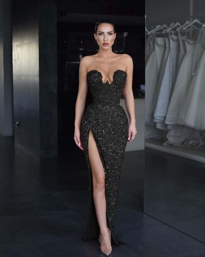 Strapless Sleeveless Long Mermaid Split Formal Dress With Sequins