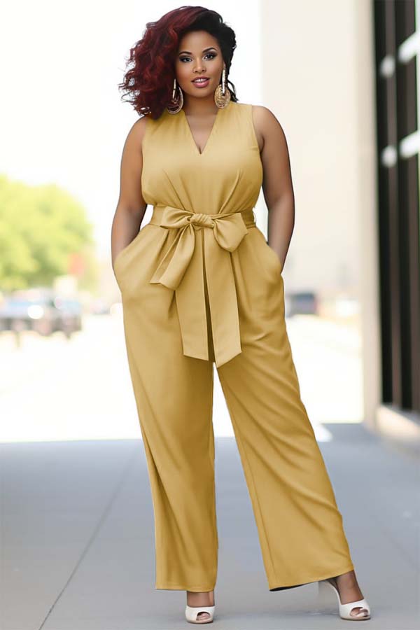 Pool Blue V-Neck Sleeveless Jump Suit With Bow Belt