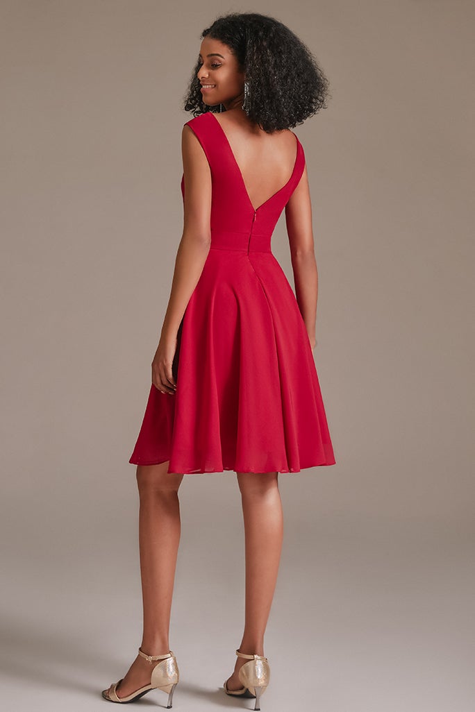 Red Junior V-Neck Bridesmaid Dress