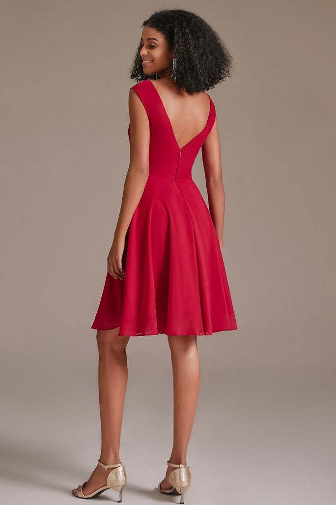 Red Junior V-Neck Bridesmaid Dress