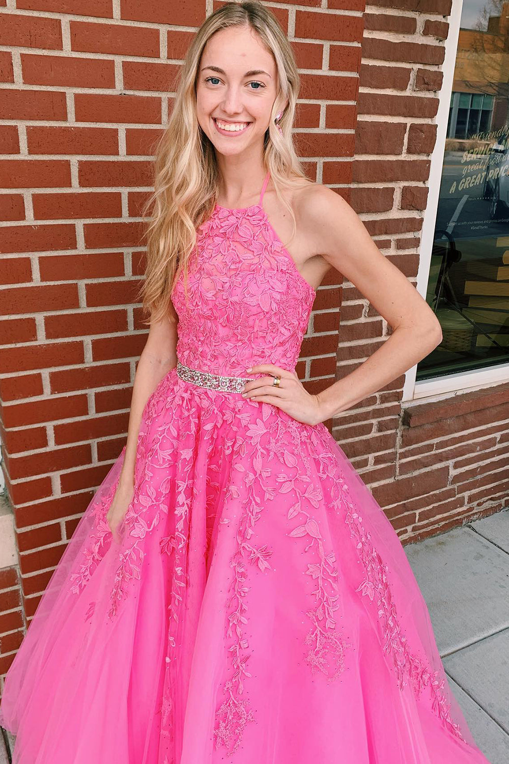 Long Pink Prom Dress with Appliques in Halter Style