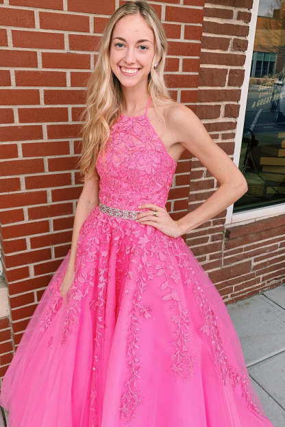 Long Pink Prom Dress with Appliques in Halter Style