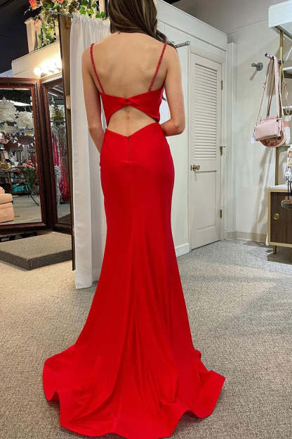 Red Long Prom Dress with Mermaid Spaghetti Straps and Front Split